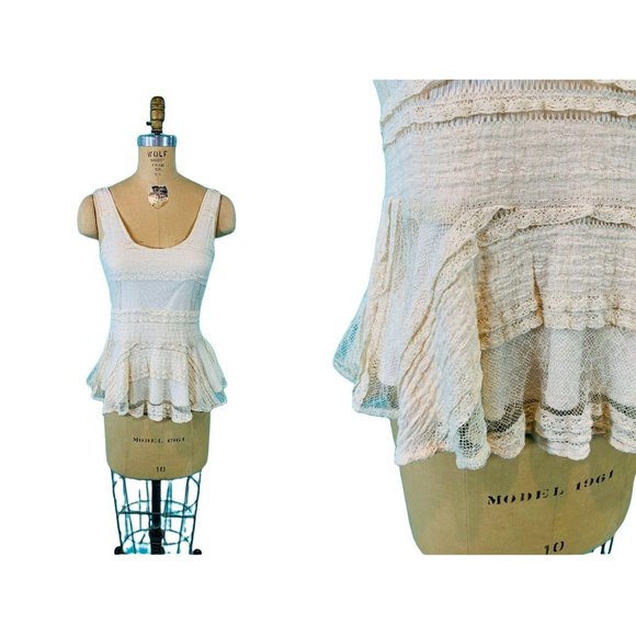 Ganni Tank Top Women's Small Beige Lace Peplum Scoop Neckline - Picture 1 of 11